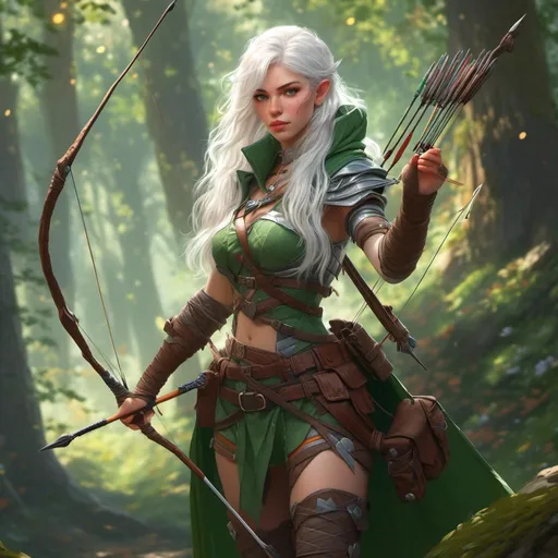 Prompt: <mymodel> dungeons and dragons fantasy art female ranger with white hair adorable face and gorgeous green eyes drawing bow and arrow, full body portrait, forest background