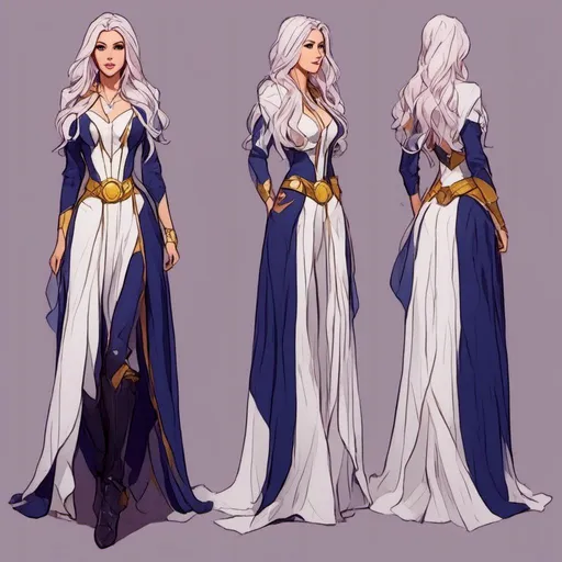 Prompt: <mymodel> Character Design Sheet, 1985, Gorgeous Woman with Gorgeous  Face and Beautiful Eyes with Braided Vibrant Curled Indigo White Yellow Hair, Indigo White Yellow and Feminine Jedi Robes and Boots, Intricately Designed Clothing, Star Wars, Character Design, Realistic Illustration, Unreal Engine, Highly Detailed