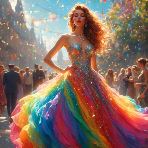 Prompt: <mymodel> hyper-realistic, 4k, illustration, high definition, atmospheric lighting, highly detailed, cool colors, modeling an elaborate rainbow dress sparkling in the sun with diamond high heels