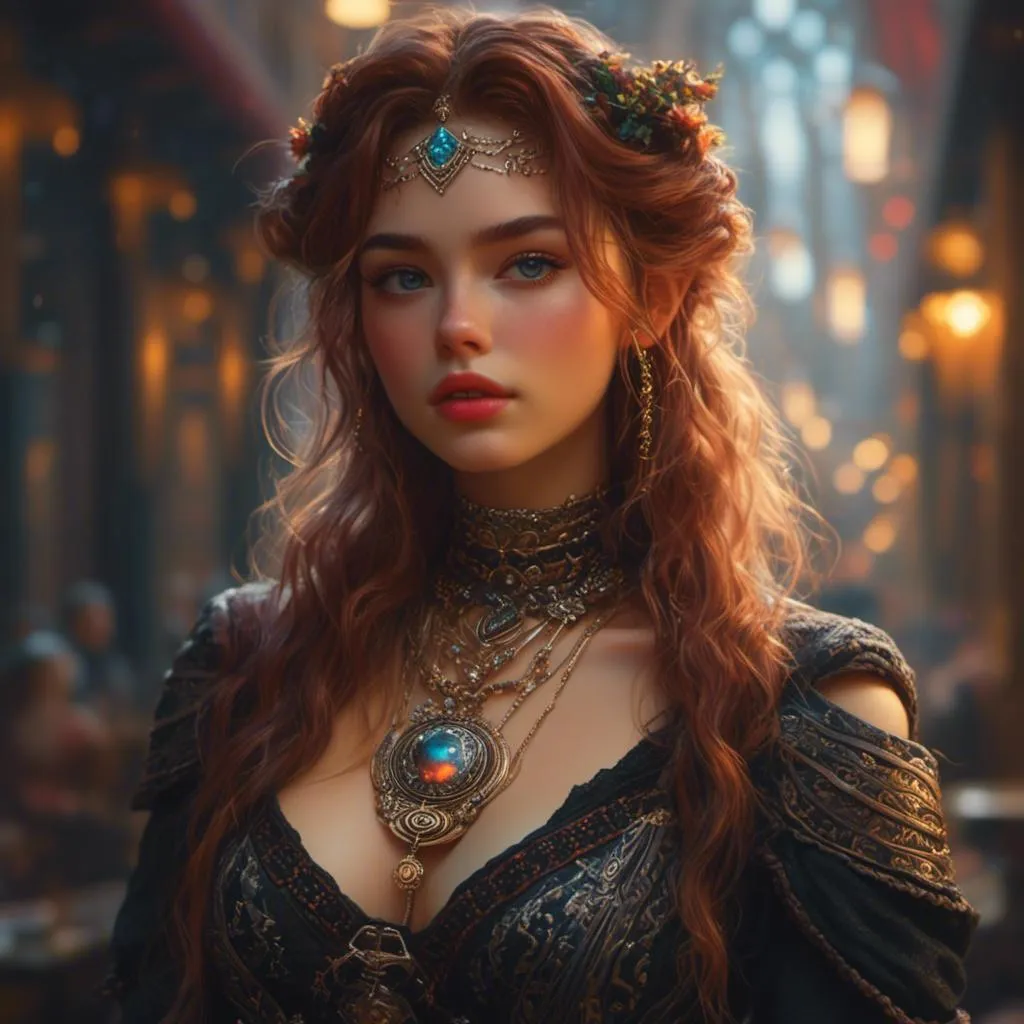 Prompt: <mymodel> Hyperrealistic Fictional Character, Upscale 4K, Incredibly Finite Details, Highly Detailed Cyberpunk Character, Woman wearing an Ornate Magical Druidic Pendant, V-Neck Shirt and Front Laced Waist Corset  with flattering skirt and thigh high stockings under thigh high boots