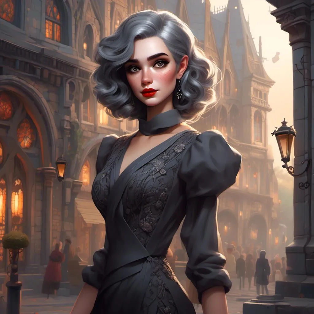 Prompt: <mymodel> Character Design, Highly Detailed, Detailed Illustration, Intricately Designed 1920's Fairytale Clothing, Woman with Gorgeous Glamorous Dark Grey Hair and Smokey Eye Makeup and grey lipstick wearing dark clothing, GTA Disney Unreal Design,