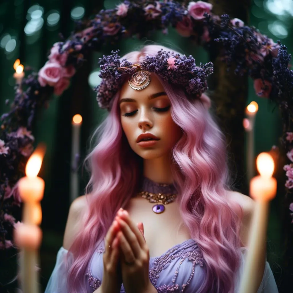 Prompt: <mymodel> woman priestess with lavender eyes, gorgeous ombre pink hair, and a beautiful symmetrical face with gorgeous eyes praying at the feet of a crescent moon statue surrounded by candles in the forest