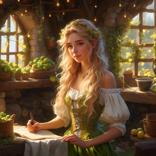 Prompt: <mymodel>Detailed animated character sheet, lime-haired girl with white and gold clothing, fairytale cottage, wishing well, fantasy, magical, detailed hair, elegant design, fairytale setting, best quality, highres, magical, detailed clothing, fantasy, vibrant colors, atmospheric lighting