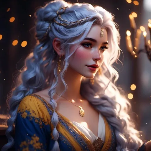 Prompt: <mymodel> Cinematic Photography, Perfect Lighting, Magical Atmosphere, Braided White Hair, Indigo and Yellow Dress, Intricately Designed Clothing, Fairytale Style, Character Design, Making a Wish