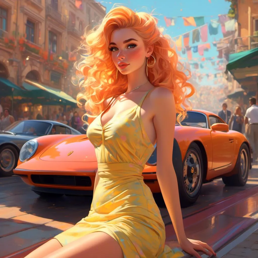 Prompt: <mymodel> Character Design Portrait, Illustration, GTA Disney Anime, Highly Detailed, Quality Design, 30 year old Woman with Peach Yellow Hair in a Tousled Curly Ponytail, Wearing a sweetheart cut great fitting dress with high heels, Porsche, Bright Colors