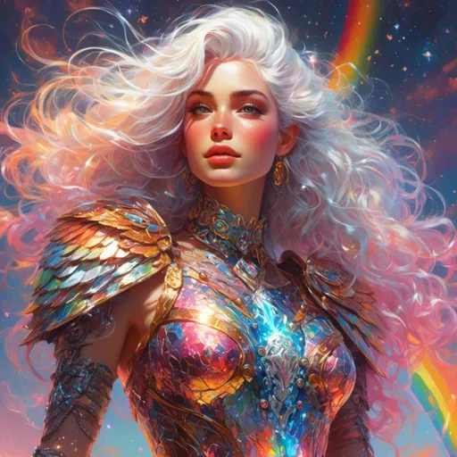 Prompt: <mymodel> a space outlaw with white hair wearing an elaborate sparkling sheer rainbow dress with a light stylish feminine breastplate armor, vibrant colors, floral energy