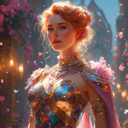 Prompt: <mymodel> a nordic space outlaw wearing an elaborate sparkling sheer dress with a light stylish feminine breastplate armor, vibrant colors, floral energy