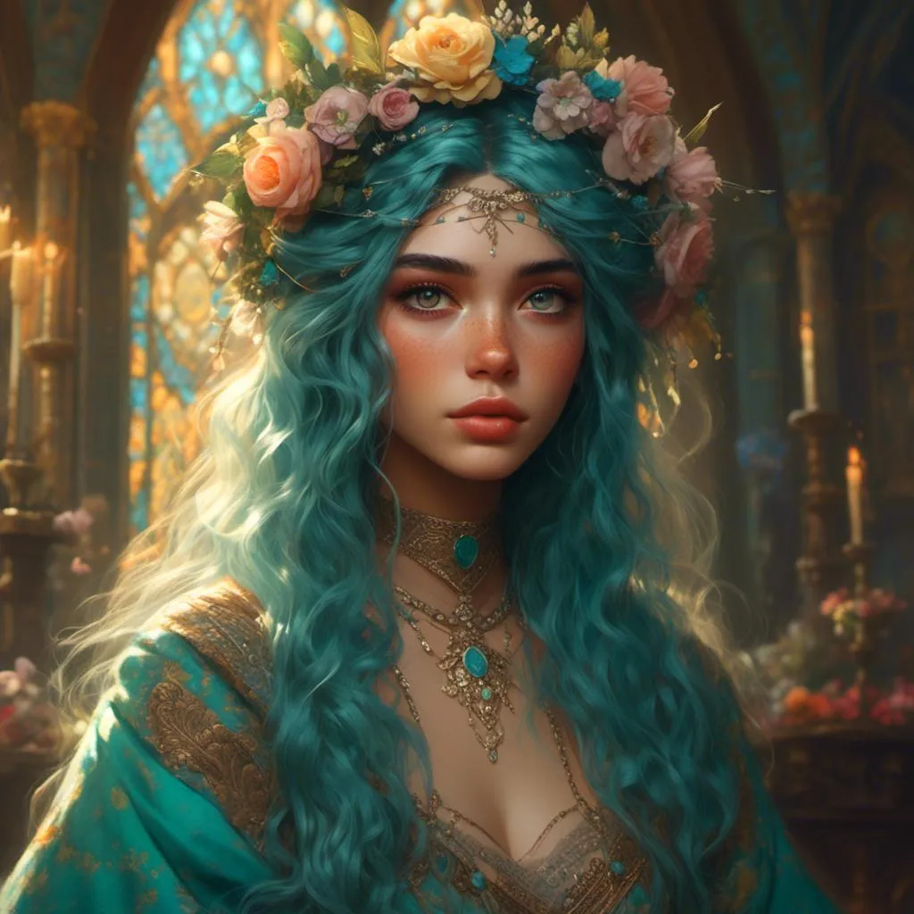 Prompt: <mymodel> a beautiful teal  haired woman with tan skin and gorgeous eyes, wearing an ornate floral crown