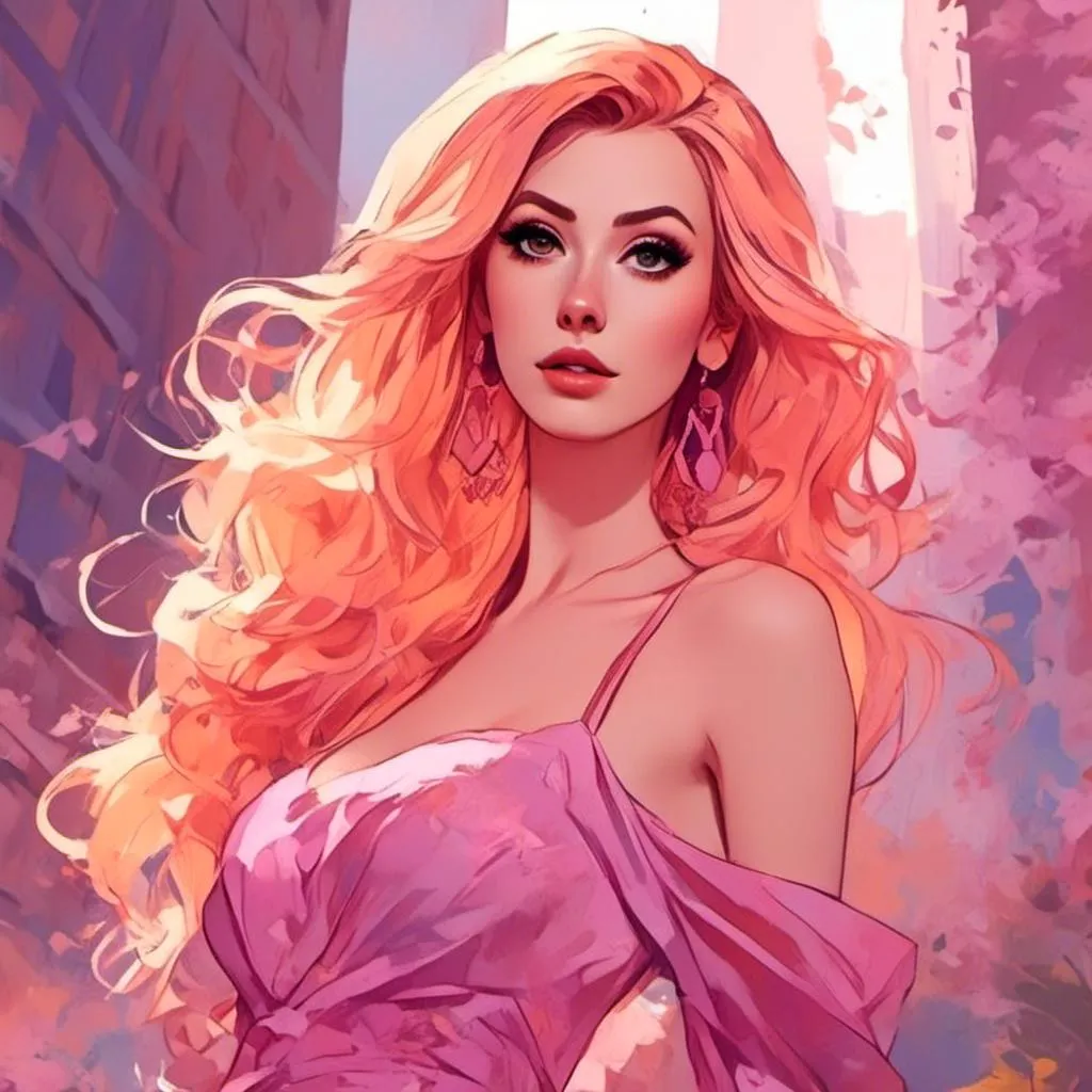 Prompt: <mymodel> Character Design Portrait, Illustration, GTA Disney Anime, Naturally Beautiful Woman with Glamorous Ombre Peach Yellow Hairstyle with Cascading Curled Hair, Intricately Designed Clothing, Sweetheart Cut Cherry Dress, Character Design, Highly Detailed, Dynamix Pose, Natural Lighting, Bright Pastel Colors, Highrise Background