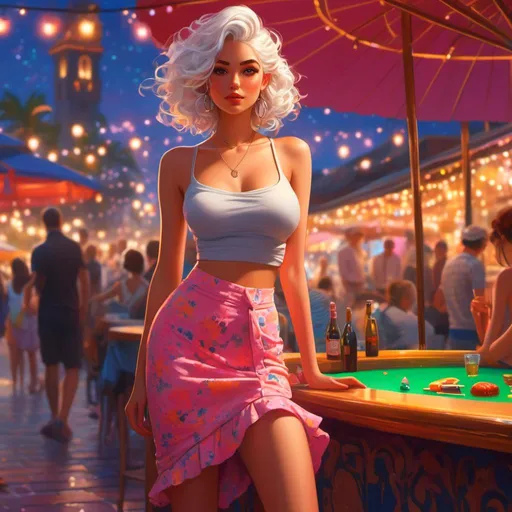 Prompt: <mymodel> Character Design Portrait, Illustration, GTA Disney Anime, Highly Detailed, Quality Design, 30 year old Woman with White Hair in a Tousled Curly Ponytail, Wearing a sweetheart cut midriff top great fitting skirt with high heels, Beach Night Life, Bright Colors