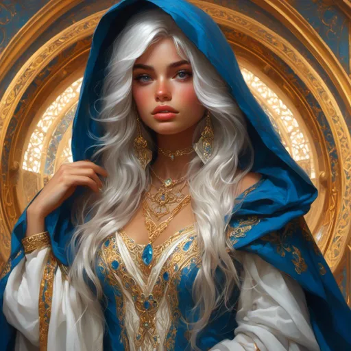 Prompt: <mymodel> a white haired woman with tanned skin and gorgeous eyes wearing a blue hooded cloak over an ornate white and gold  dress