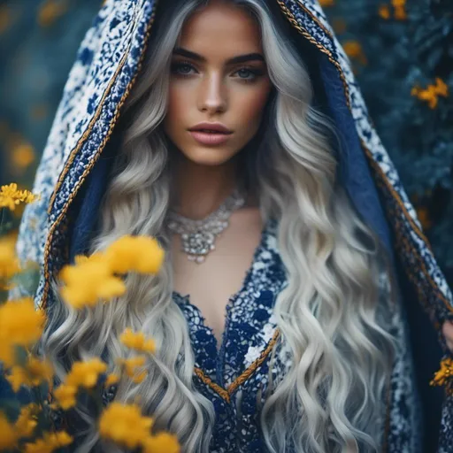 Prompt: <mymodel> Cinematic Photography, Perfect Lighting, Magical Atmosphere, Romantic Braided White Indigo Hair, Indigo and Yellow Floral Dress with matching Hooded Cloak, Intricately Designed Clothing