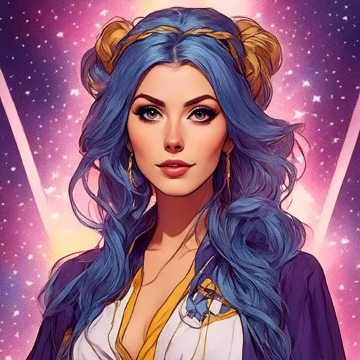 Prompt: <mymodel> <mymodel> Character Design Portrait, Illustration, 1985, Feminine Star Wars, Woman with Beautiful Eyes with Braided Vibrant Curled Indigo Hair, Indigo White Yellow and Feminine Jedi Robes and Boots, Intricately Designed Clothing, Character Design, Realistic Illustration, Highly Detailed