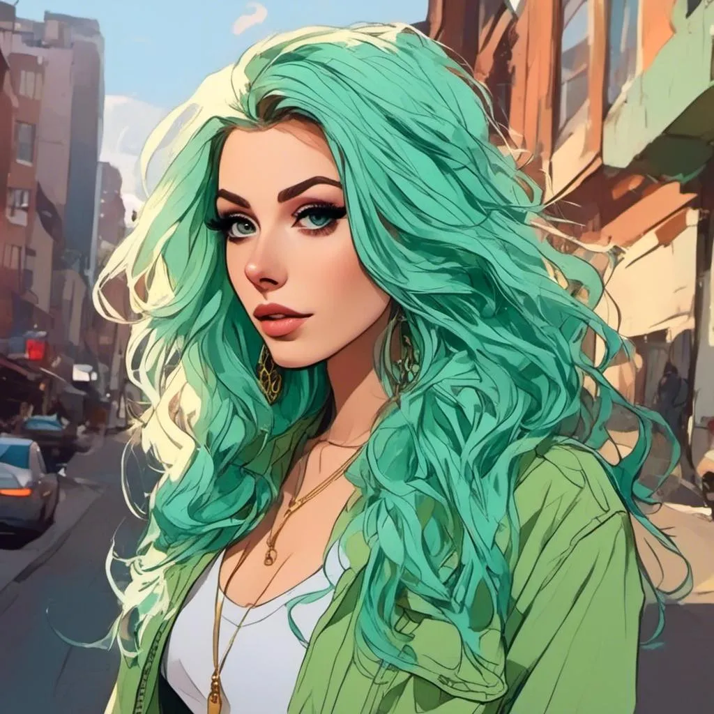 Prompt: <mymodel> Character Design Portrait, Illustration, GTA Disney Anime Cartoon, Angelic Princess Woman with Gorgeous Glamorous Ombre Pastel Lime Teal Sea Blue Hairstyle with Cascading Curled Hair, Intricately Designed Street Gangster Clothing, Character Design, Highly Detailed, Dynamix Pose, Natural Lighting, Natural Colors