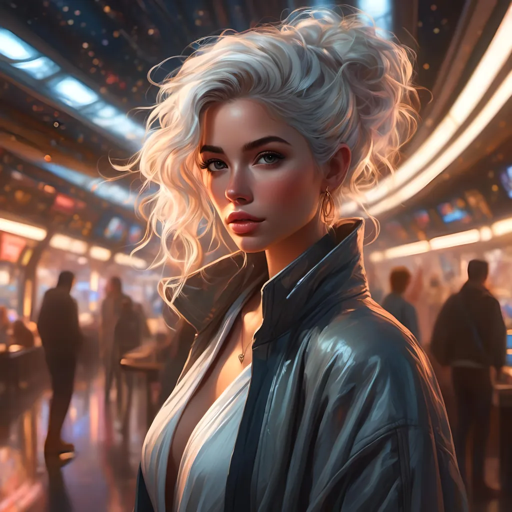 Prompt: <mymodel> Character Design Portrait, Illustration, GTA Disney Anime, Highly Detailed, Quality Design, Star Wars Jedi, Woman with White Hair in a Tousled Curly Ponytail, wearing heels Night Life on Starship, Futuristic,