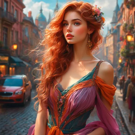 Prompt: <mymodel>High-resolution, ultra-detailed, modern fairytale maiden, vibrant colors, dynamic pose, urban cityscape backdrop, detailed clothing design, powerful and confident expression, art print quality, dynamic posing, fairytale backdrop, 