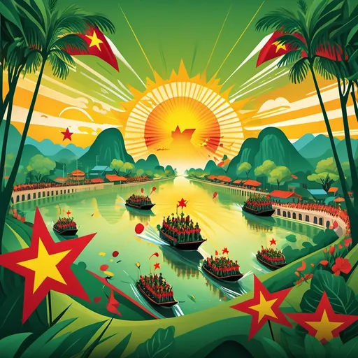 Prompt: illustration celebrating the 50th anniversary of Vietnam's liberation and reunification, vibrant colors, (festive atmosphere), intricate details, iconic symbols of Vietnam’s history and culture, lush green landscapes, the sun setting in the background, confident and joyful expressions, (4K resolution), dynamic composition, emphasizing unity and resilience, commemorative message creatively integrated, commemorative design elements.