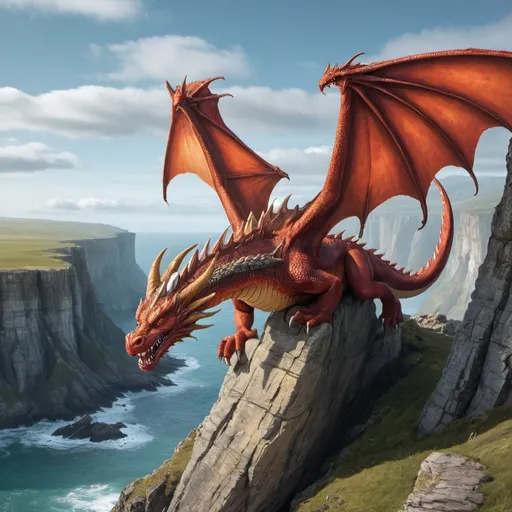 Prompt: A dragon is flying down from a cliff