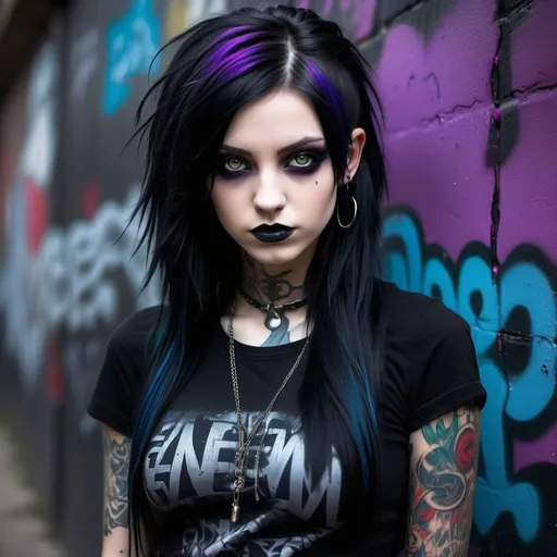 Prompt: (goth emo girl), alternative fashion, intricate dark attire, dramatic makeup, intense gaze, (piercings) and (tattoos), long black hair with colored streaks, moody atmosphere, urban background with graffiti walls, (dim lighting), striking contrast between shadows and highlights, edgy style, (vibrant colors) like deep purples and blacks, high-quality resolution, ultra-detailed.