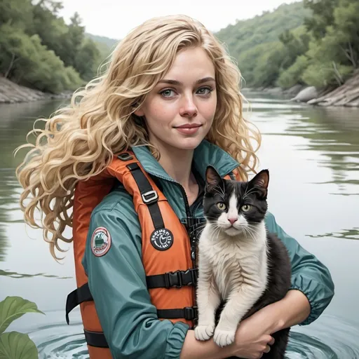 Prompt:  A color drawing of an adventurous dirty blonde women with wavy hair wearing a life jacket, holding her black and white cat in one hand, and a tube to float on a river in the other hand.