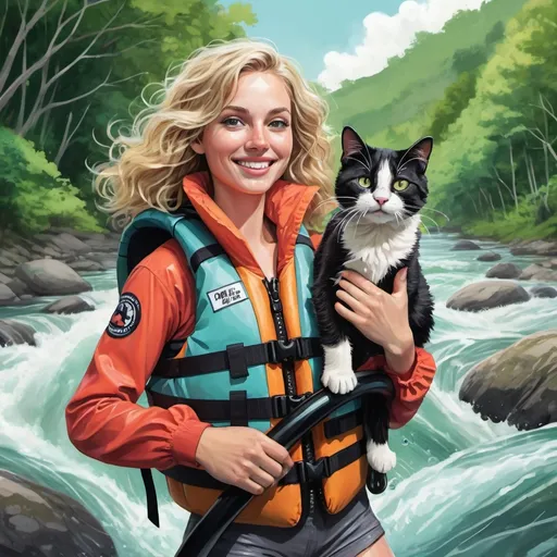 Prompt:  A color drawing of an adventurous dirty blonde women with wavy hair wearing a life jacket, holding her black and white cat in one hand, and a black rubber tube to float on a river in the other hand.