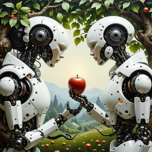 Prompt: a painting with two robot like Adam and eve under the tree of knowledge and the snake in the tree 
the female robot grab an apple in the hand, painting like Leonardo davinci style, 
analog painting portrait masterpiece, ultra realistic, super detailed, real photo, highly 
detailed, high budget, gorgeous, extremely detailed, sharp attention to
 detail