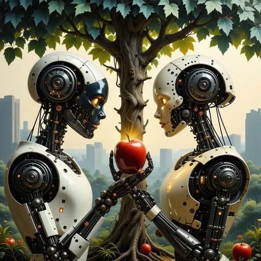 Prompt: a painting with two robot, a male and a female robot like Adam and eve under the tree of knowledge and the snake in the tree 
the female robot grab an apple in the hand, painting like Leonardo davinci style, 
analog painting portrait masterpiece, ultra realistic, super detailed, real photo, highly 
detailed, high budget, gorgeous, extremely detailed, sharp attention to
 detail