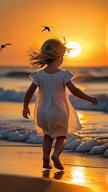 Prompt: At the vast seaside, the sun is about to set, casting a golden glow across the horizon, while a flock of birds gracefully soar overhead. On the sandy beach, a playful child romps around, their innocence lighting up the shore like the setting sun. The grains of sand dance beneath their feet, as if whispering tales of the sea.