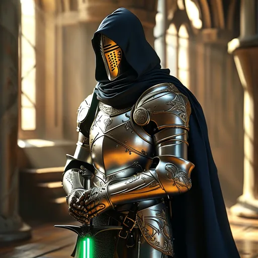 Prompt: qui-gon jinn in knight's armor, helmet off, majestic suit of (shining) steel, adorned with intricate engravings, wielding a glowing green lightsaber, stoic expression, standing in a medieval room, dappled sunlight filtering through windows, ethereal atmosphere, highly detailed, cinematic quality, (heroic) pose, emotive ambiance, enchanted aura, 4K, ultra-detailed.