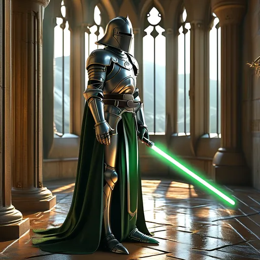 Prompt: (qui-gon jinn in knight's armor), majestic suit of (shining) steel, adorned with intricate engravings, wielding a glowing green lightsaber, stoic expression, standing in a medieval room, dappled sunlight filtering through windows, ethereal atmosphere, highly detailed, cinematic quality, (heroic) pose, emotive ambiance, enchanted aura, 4K, ultra-detailed.