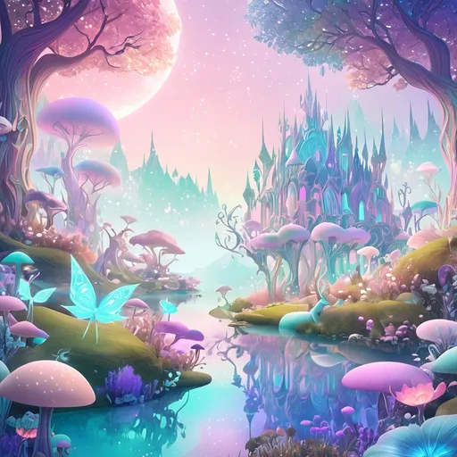 Prompt: (fantasy style), (pastel color scheme), ethereal landscapes, whimsical creatures, soft and dreamy lighting, serene atmosphere, imaginative environments, vibrant yet gentle hues, detailed textures, enchanting elements, 4K, ultra-detailed, captivating visuals, dreamlike quality, magical ambiance.