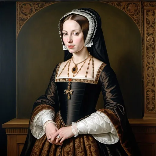 Prompt: Full length image of Anne Boleyn in the style of Leonardo da Vinci, Brown eyes, oil on canvas, hanging sleeves, French hood