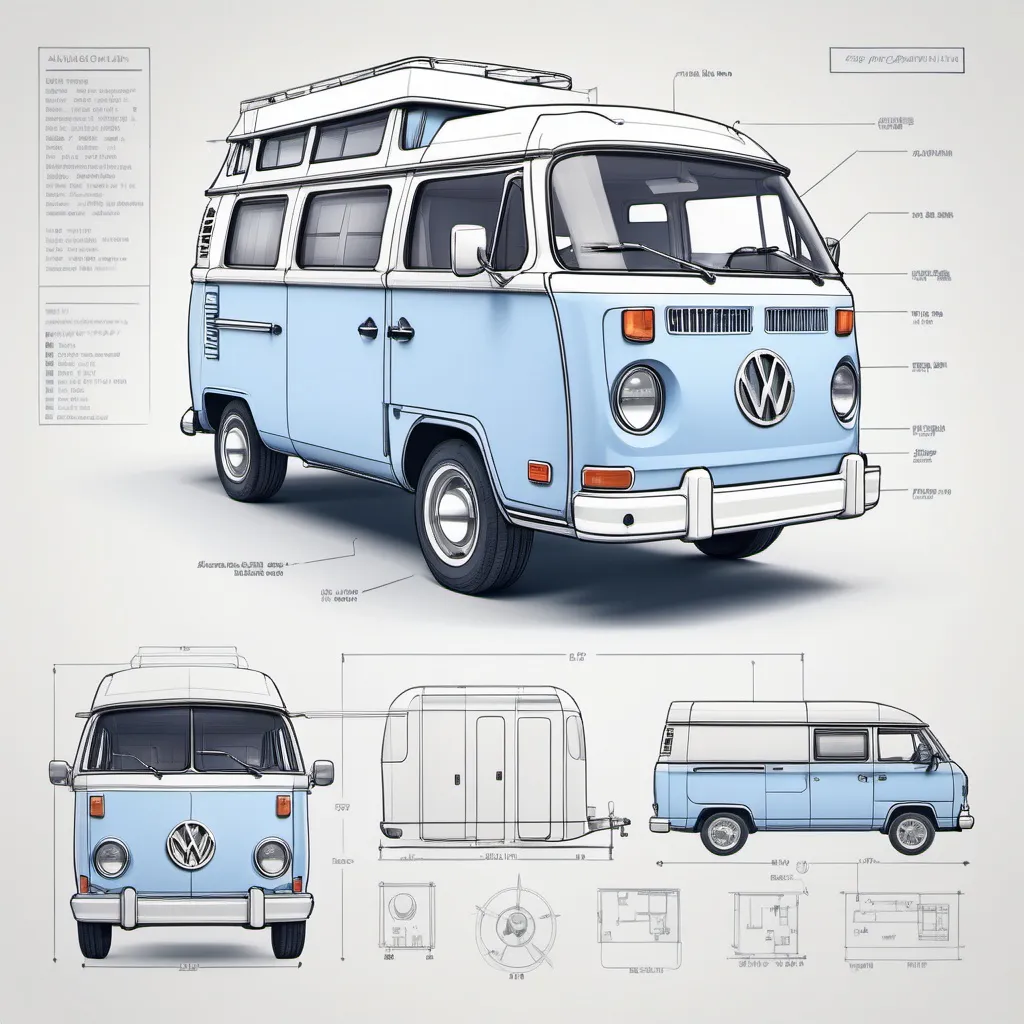 Prompt: (detailed CAD drawing), camper van floor plan, precise measurements, technical illustrations, (highly detailed), blueprint perspective, annotations and labels, minimal color palette, cool tones for clarity, high resolution, professional design, accurate scale representation, intricate details, 工程繪圖 meticulous craftsmanship.