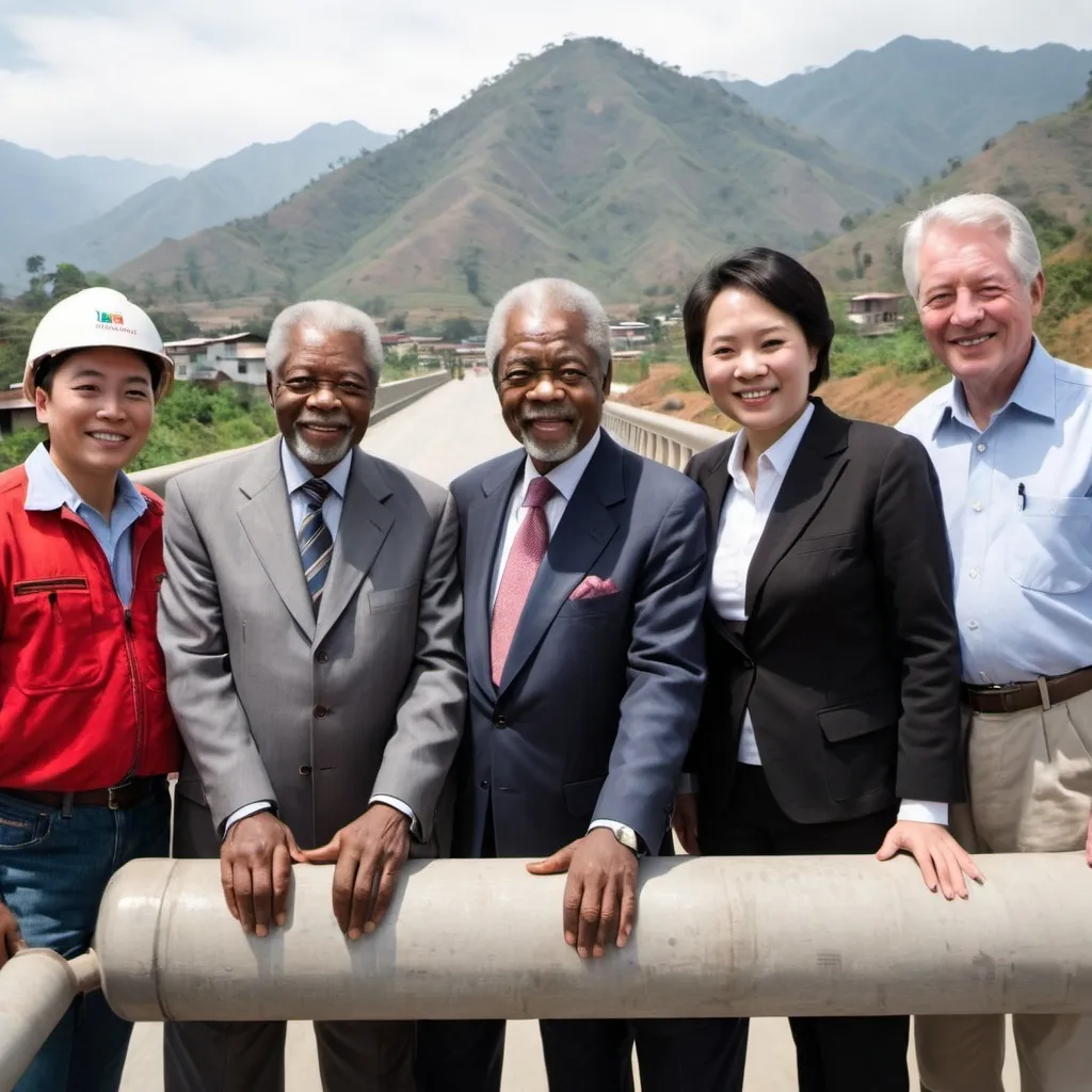 Prompt: Kofi annan, Woody Harrison ,jacki chan, Santa ana on a concrete bridge with concrete mixer and mountains 