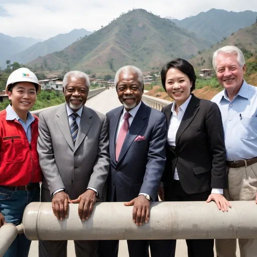 Prompt: Kofi annan, Woody Harrison ,jacki chan, Santa ana on a concrete bridge with concrete mixer and mountains 