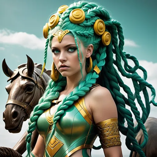 Prompt: Show me the Daughter from Medusa and father of Poseidon. Her Beauty is like wearing the Hammer from Thor. Her Arm is a round knife and she rides the Trojan Horse's carriage. She is sporty, spicy, supertrained and unbreakable. She wears the colours green and yellow. Her hair is pastel turquoise braids. Her beauty petrifies any untruth. She rides up the Atlantico with her superpower of the icy fireball from the Saharawind. She has Peacock feathers jewelery