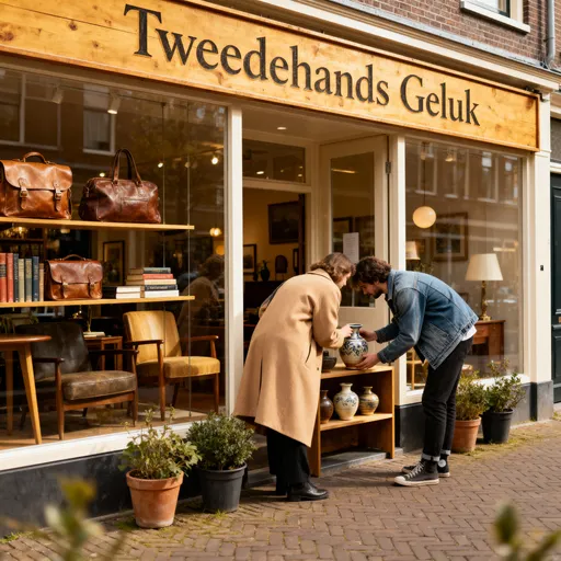 Prompt: Image of a store called 'Tweedehands Geluk' This store sells used products of good condition and quality. Show the storefront together with people looking for nice items.