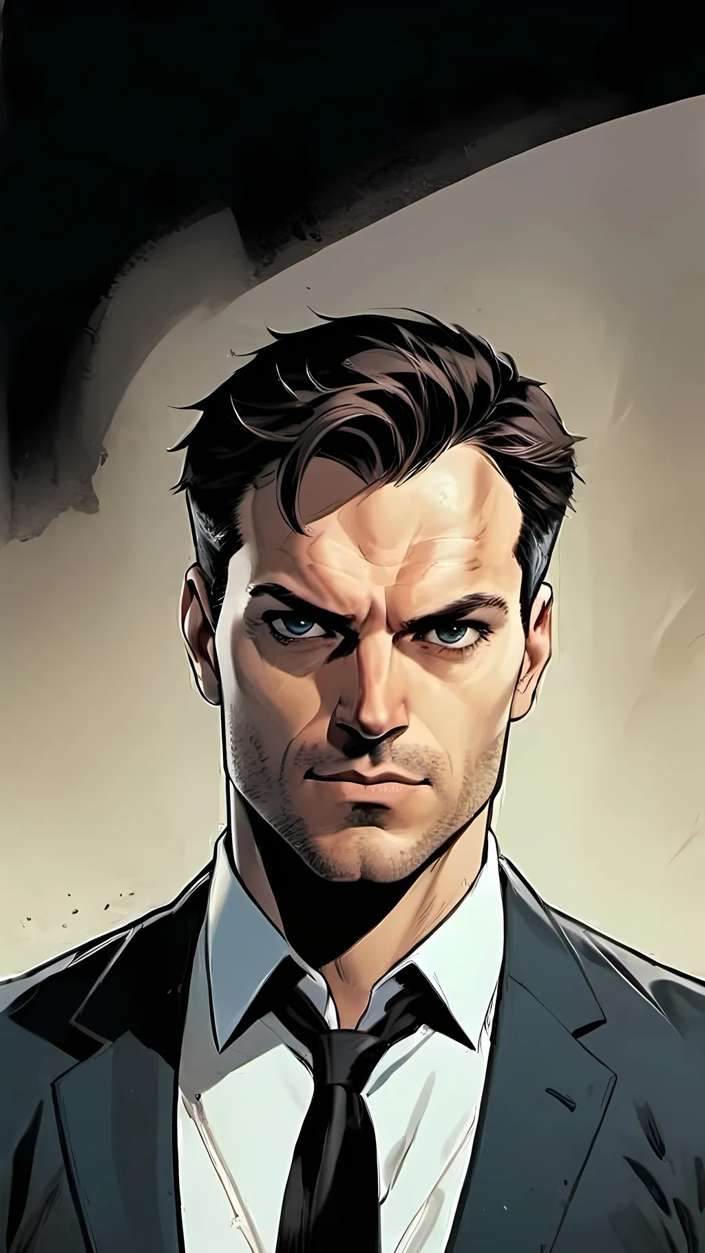 Prompt: modern comic book image, Dan mora style, of a handsome athletic man in his thirties, wearing an elegant suit and white shirt with short brown hair. He has piercing blue eyes that exude confidence and intelligence. The background is white