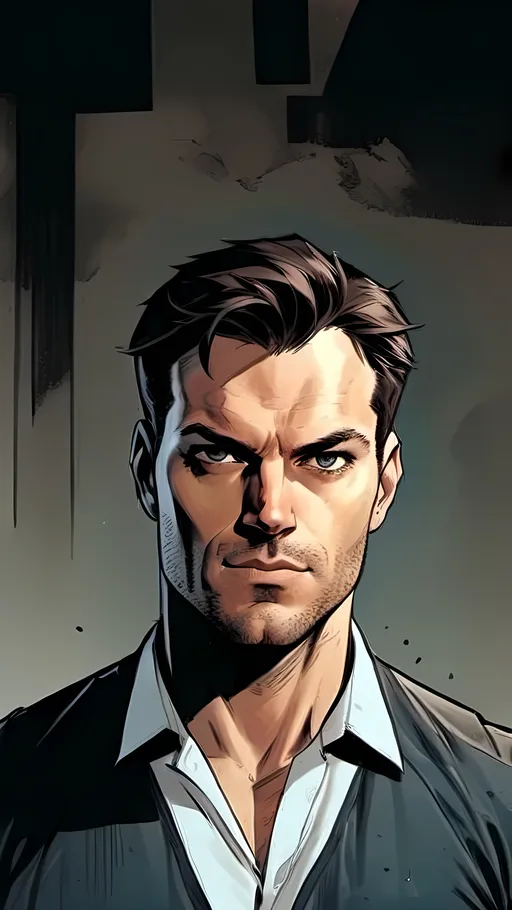 Prompt: modern comic book image, Dan mora style, of a handsome athletic man in his thirties, wearing an elegant suit and white shirt with short brown hair. He has piercing blue eyes that exude confidence and intelligence. The background is white