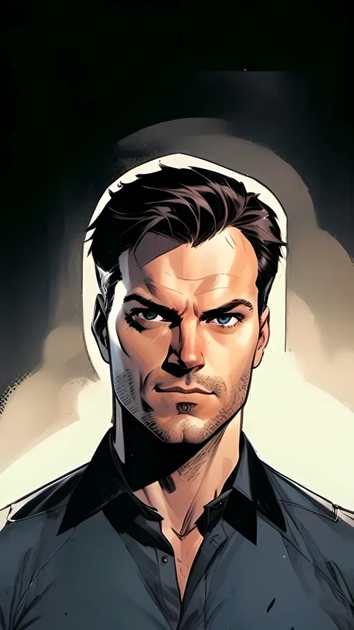 Prompt: modern comic book image, Dan mora style, of a handsome athletic man in his thirties, wearing an elegant suit and white shirt with short brown hair. He has piercing blue eyes that exude confidence and intelligence. The background is white