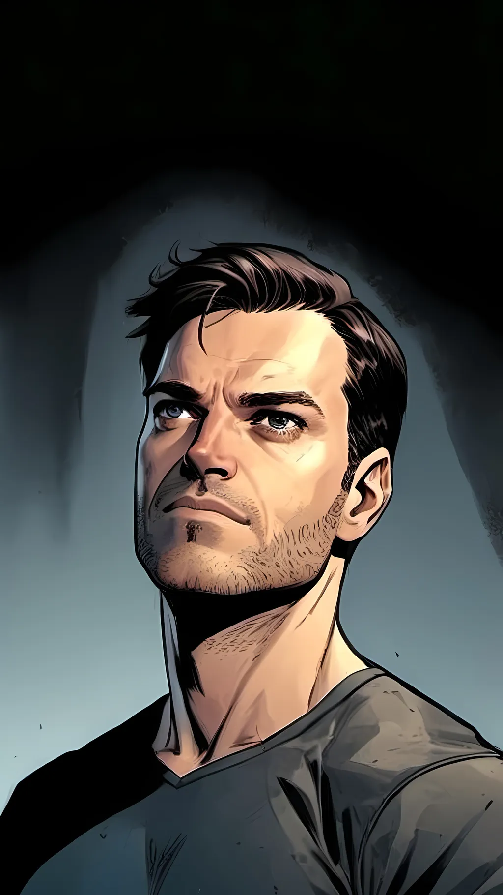 Prompt: modern comic book image, Dan mora style, of a handsome athletic man in his thirties, sad, with short brown hair, thin lips, piercing blue eyes that exude confidence and intelligence. The background is white