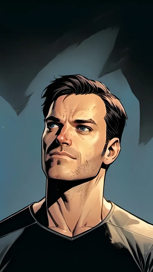 Prompt: modern comic book image, Dan mora style, of a handsome athletic man in his thirties, sad, with short brown hair, thin lips, piercing blue eyes that exude confidence and intelligence. The background is white