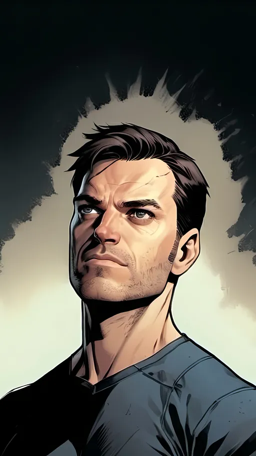 Prompt: modern comic book image, Dan mora style, of a handsome athletic man in his thirties, angry, with short brown hair, thin lips, piercing blue eyes that exude confidence and intelligence. The background is white