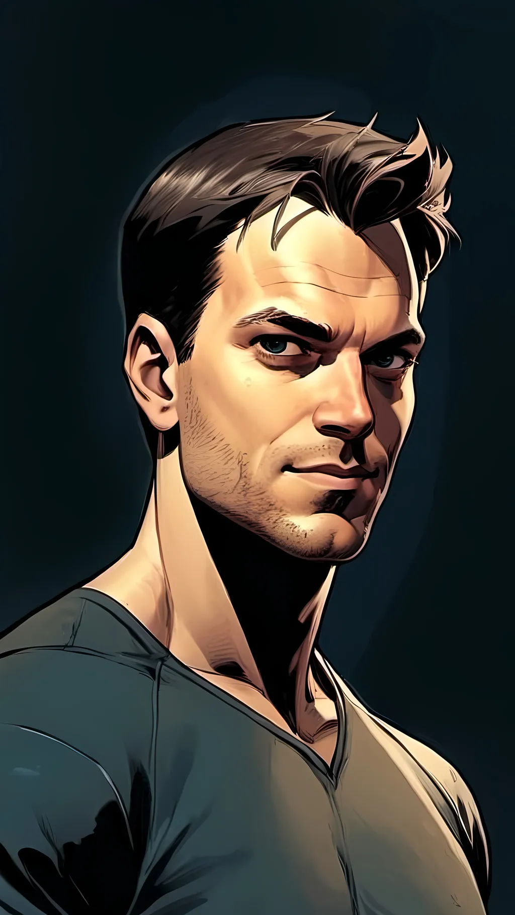 Prompt: modern comic book image, Dan mora style, of a handsome athletic man in his thirties, smiling, with short brown hair, thin lips, piercing blue eyes that exude confidence and intelligence. The background is white