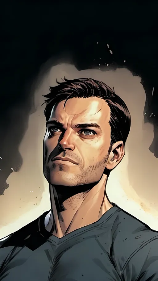 Prompt: modern comic book image, Dan mora style, of a handsome athletic man in his thirties, angry, with short brown hair, thin lips, piercing blue eyes that exude confidence and intelligence. The background is white