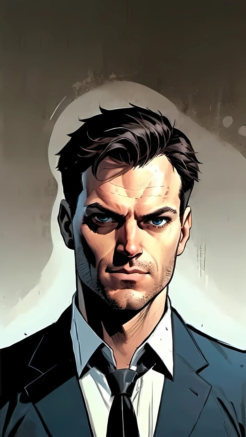 Prompt: modern comic book image, Dan mora style, of a handsome man in his thirties, wearing an elegant suit and white shirt with short brown hair. He has piercing blue eyes that exude confidence and intelligence. The background is white