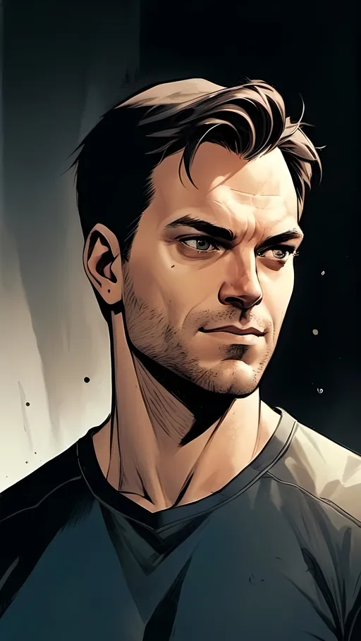 Prompt: modern comic book image, Dan mora style, of a handsome athletic man in his thirties, smiling, with short brown hair, thin lips, piercing blue eyes that exude confidence and intelligence. The background is white