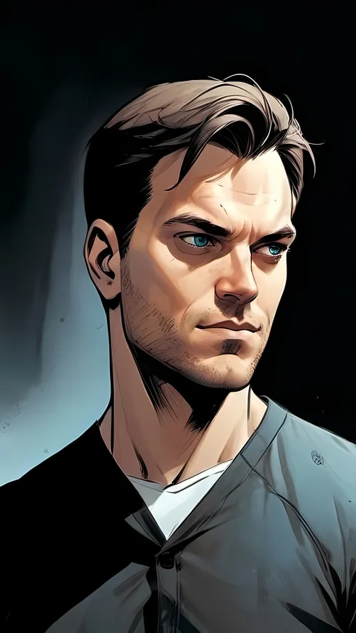 Prompt: modern comic book image, Dan mora style, of a handsome athletic man in his thirties, wearing an elegant suit and white shirt with short brown hair. He has piercing blue eyes that exude confidence and intelligence. The background is white