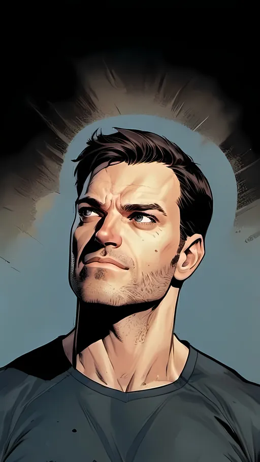 Prompt: modern comic book image, Dan mora style, of a handsome athletic man in his thirties, yelling, with short brown hair, thin lips, piercing blue eyes that exude confidence and intelligence. The background is white