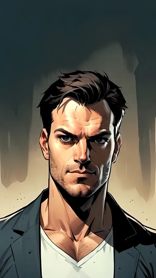 Prompt: modern comic book image, Dan mora style, of a handsome athletic man in his thirties, wearing an elegant suit and white shirt with short brown hair. He has piercing blue eyes that exude confidence and intelligence. The background is white